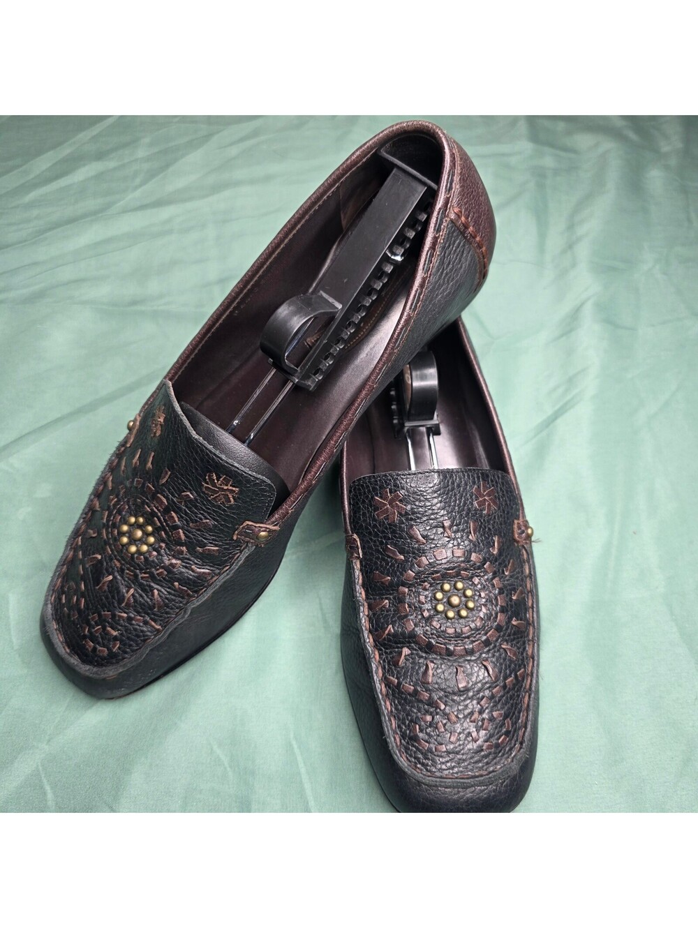 Brighton Kafka Leather Loafers Sz 9.5 M Black & Brown Boho Studded Embroidered